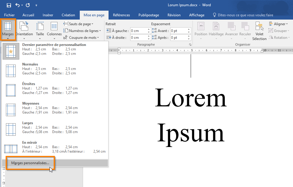 Definir des marges dans Microsoft word 365 étape 4