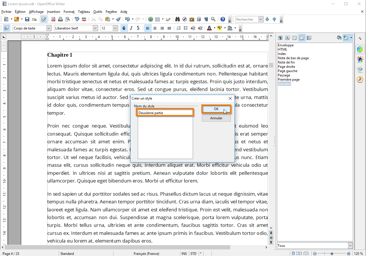 Utiliser des sections dans Open Office étape 4