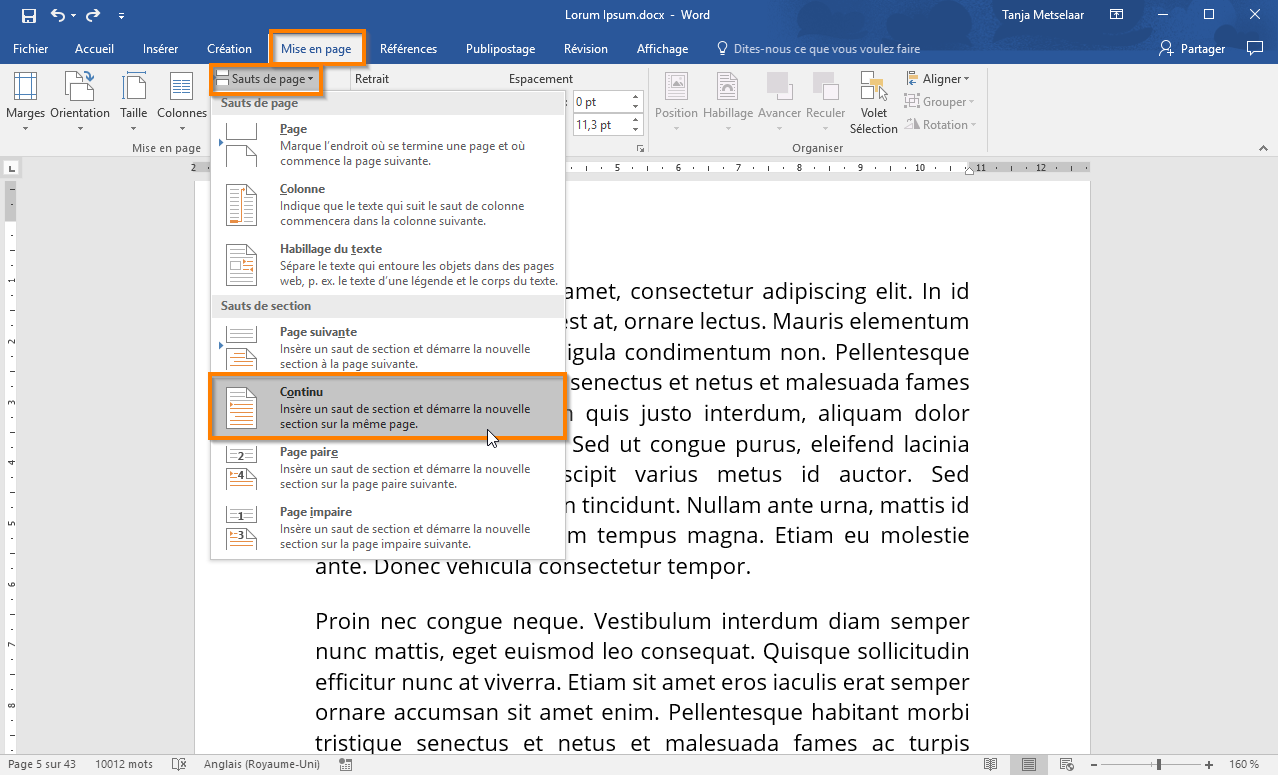 Utiliser les sauts de section avec Office 365 étape 3