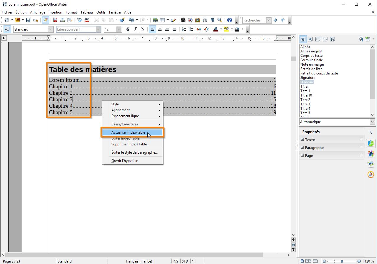 Créer une table des matières dans Open Office etapé 10